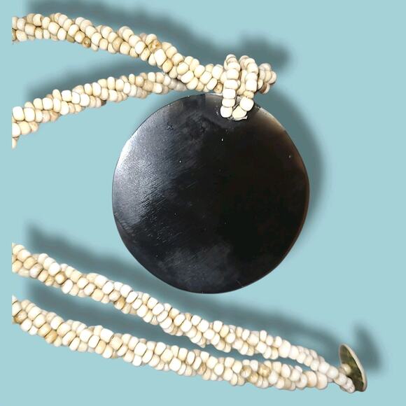 Vintage Statement Necklace Mother of Pearl Abalone Inlay Spiral Shell Pendant - Picture 7 of 7